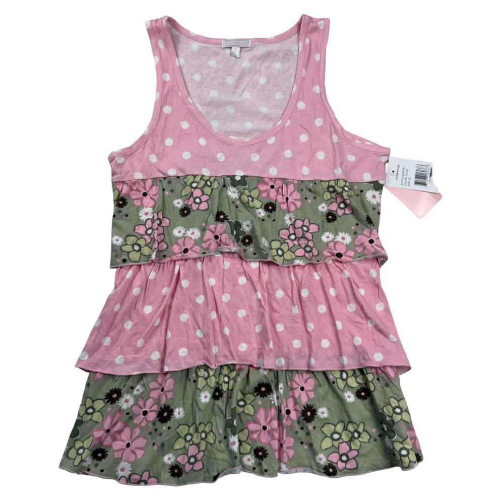 VTG Y2K Insomniax Pink Polka Dot Olive Floral Tiered Ruffle Tank Top Medium